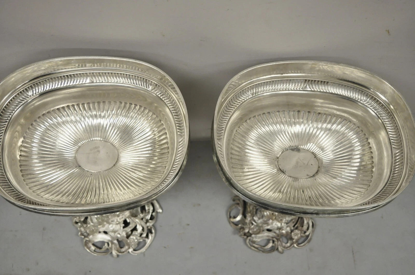 Antique French Rococo Silver Plated Cherub Dome Centerpiece Fruit Bowls - Pair
