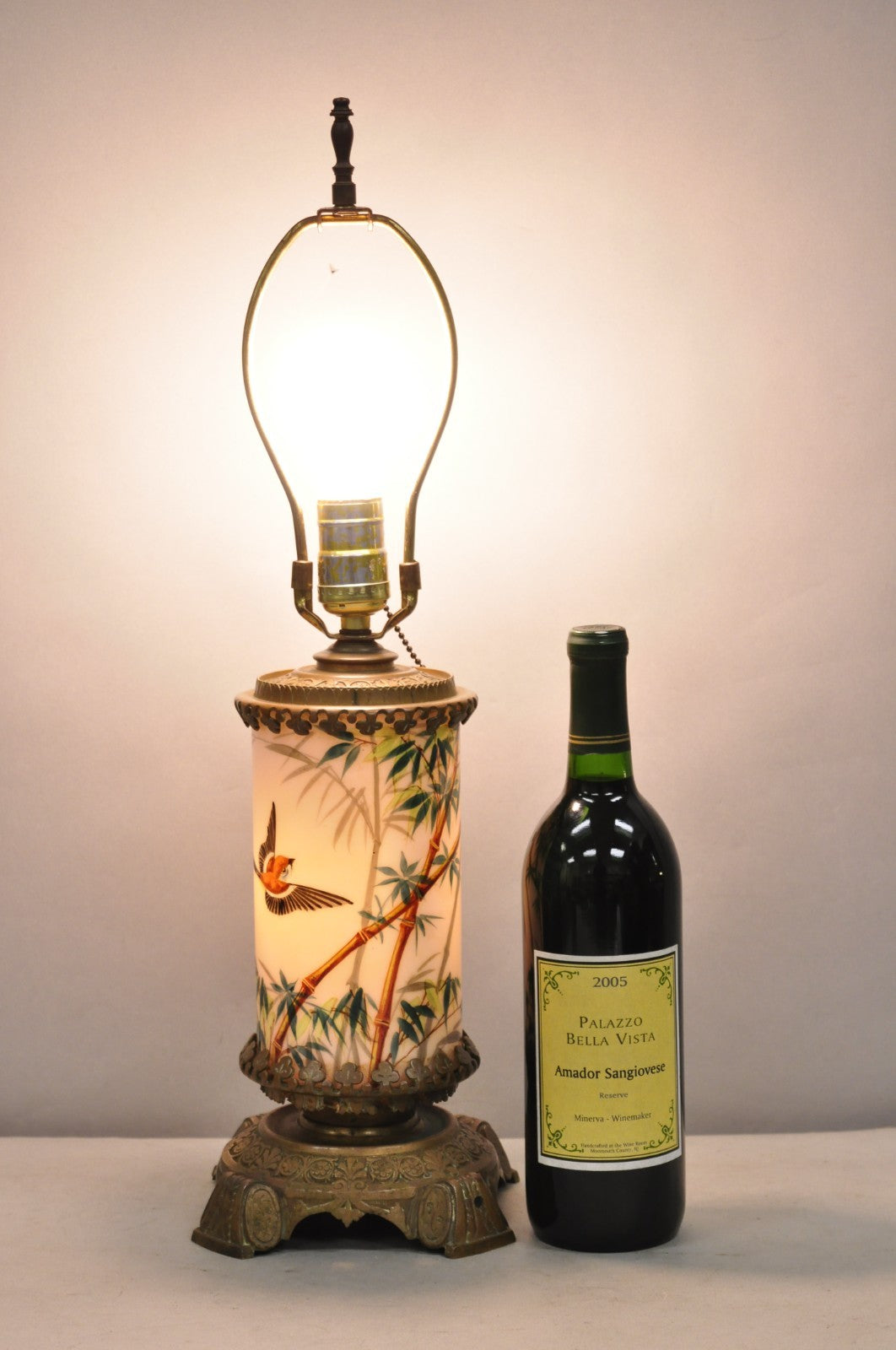 Art Nouveau Converted Oil Lamp Glass Cylinder Bird Painted Bronze Table Lamp
