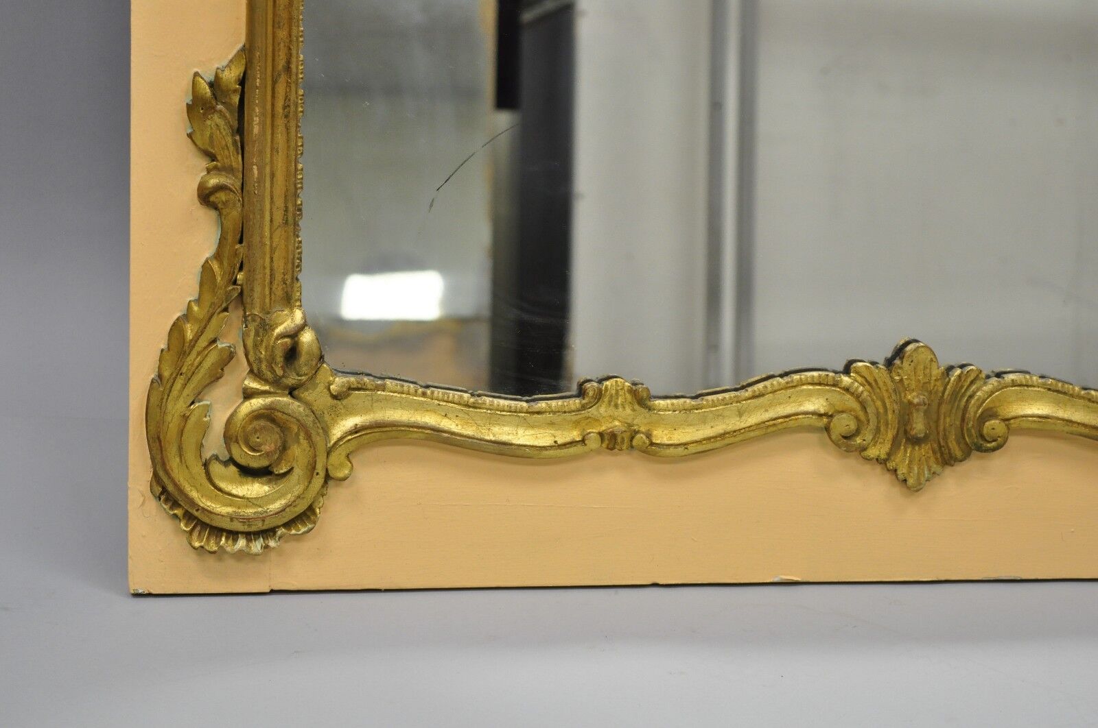Antique French Louis XV Style Large Peach & Gold Giltwood Trumeau Wall Mirror