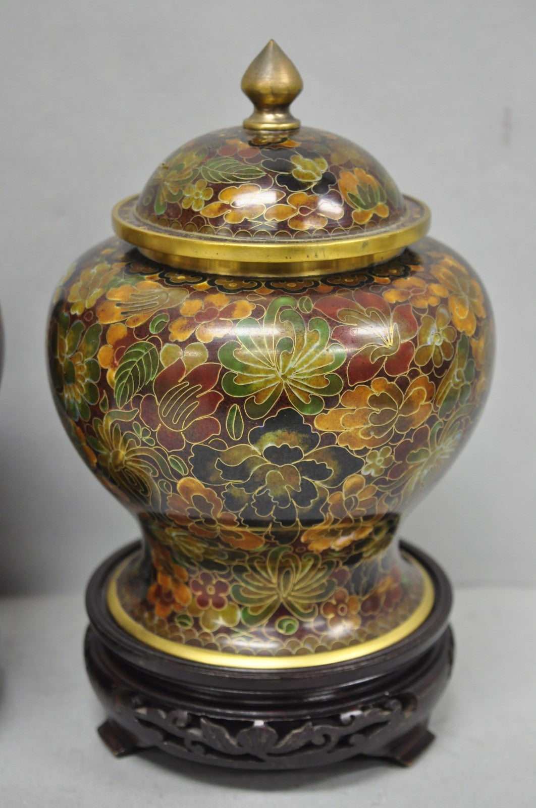 Vintage Cloisonné Chinese Small Enameled Brown Covered Ginger Jar on Stand, Pair
