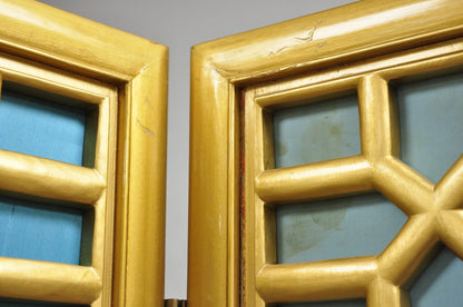 Vintage Chinoiserie Lattice Fretwork 4 Panel Gold Folding Screen Room Divider