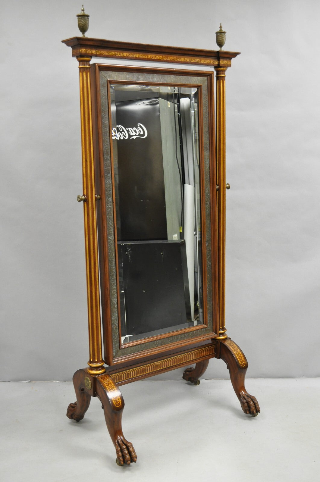 Maitland Smith French Empire Style Mahogany Paw Foot Tall Dressing Cheval Mirror