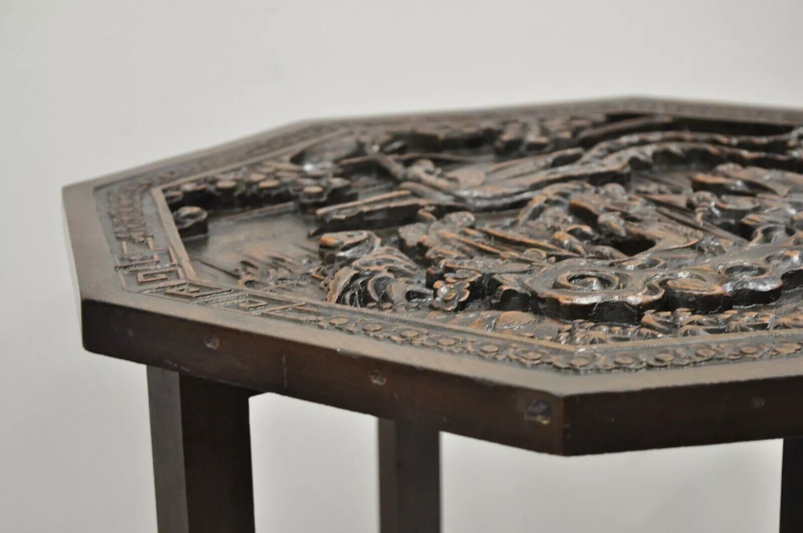 Antique Chinese Carved Hardwood Folding Gate Leg Table with Figural Carvings