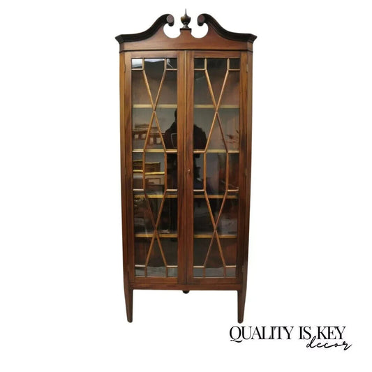 Antique English Georgian Style Mahogany Corner China Cabinet Display Case Curio