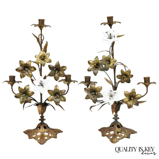 Antique French Baroque Gold Gilt Bronze Altar Church Candlestick Candelabra Pair