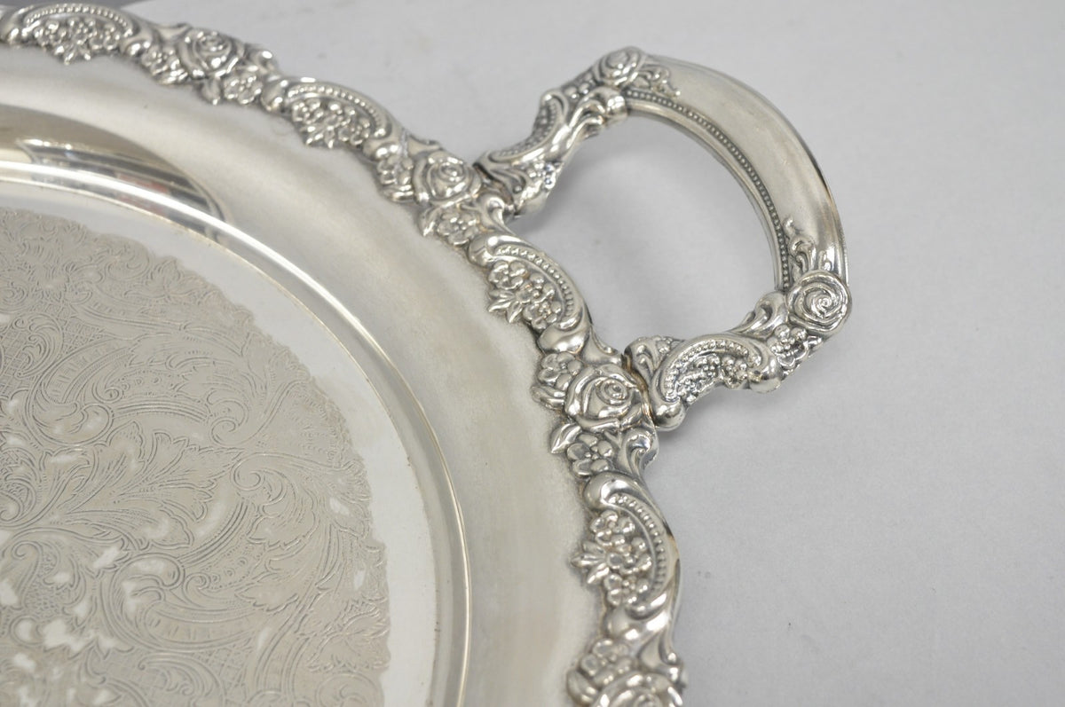 Vintage Oneida Victorian Round Silver Plated Serving Platter Tray w/ Handles