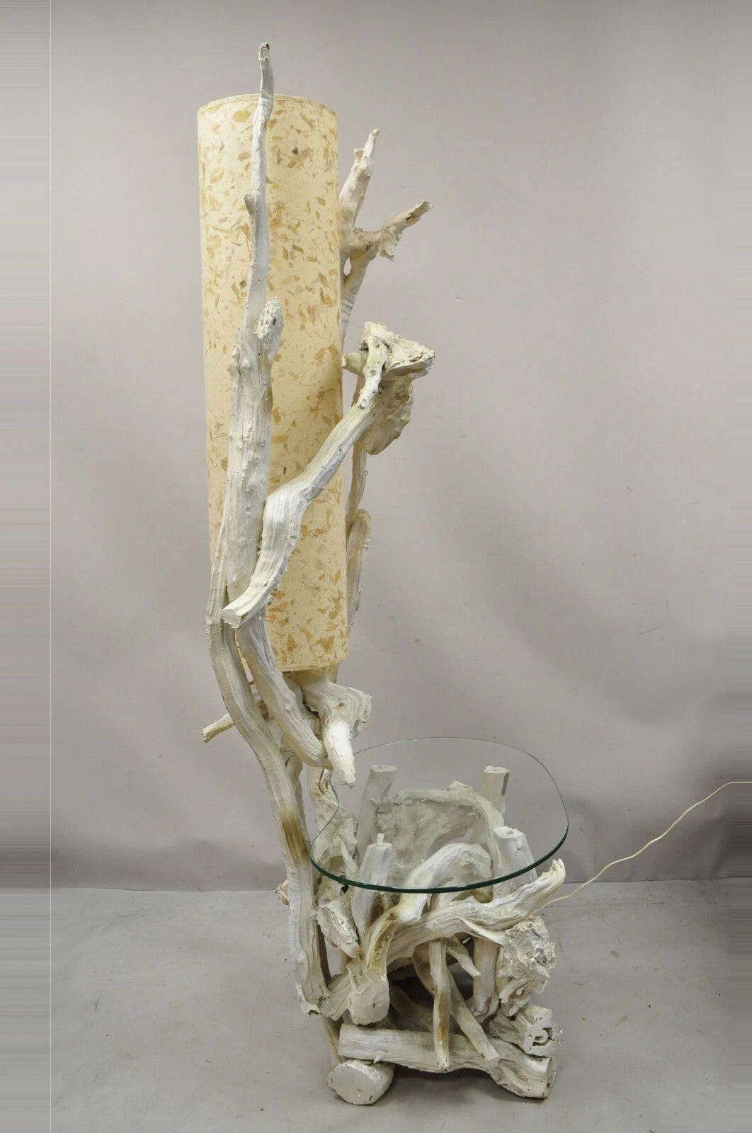 Vintage Mid Century Modern White Driftwood Kidney Glass Side Table Floor Lamp