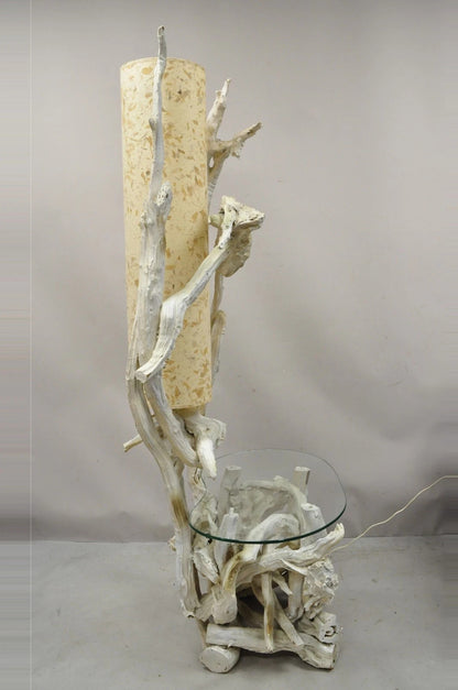 Vintage Mid Century Modern White Driftwood Kidney Glass Side Table Floor Lamp