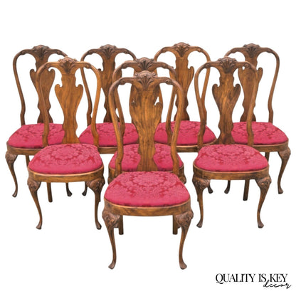 Vintage English Queen Anne Shell Carved Solid Wood Dining Side Chairs - Set of 8