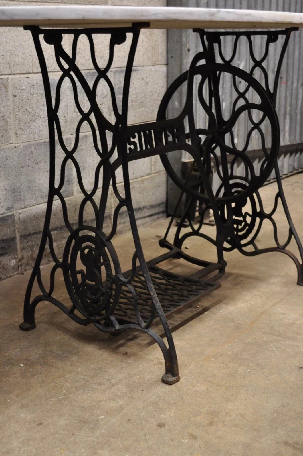 Antique Cast Iron Singer Treadle Sewing Machine Base Oval Marble Console Table