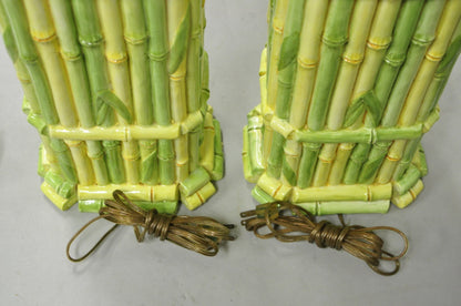 Vintage Hollywood Regency Green & Yellow Ceramic Faux Bamboo Table Lamps - Pair