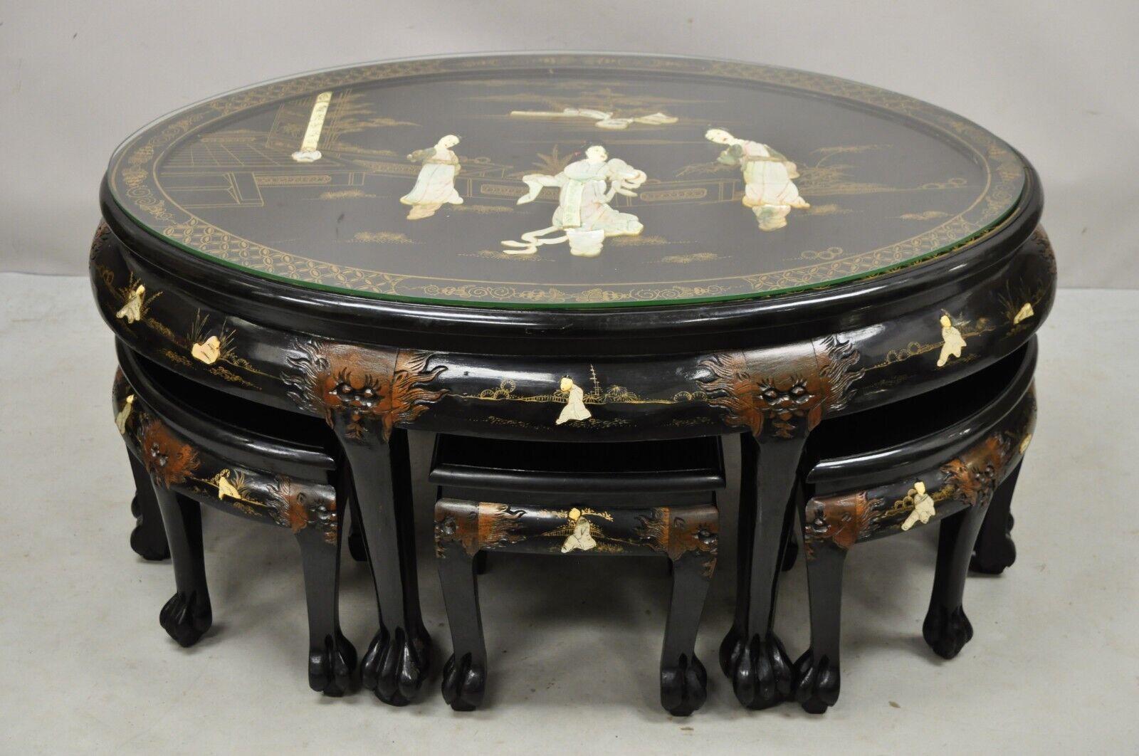 Chinese Black Lacquer Mother of Pearl Oval Nesting Coffee Table Set 6 Stools - A