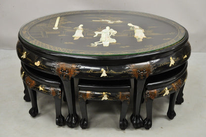 Chinese Black Lacquer Mother of Pearl Oval Nesting Coffee Table Set 6 Stools - A