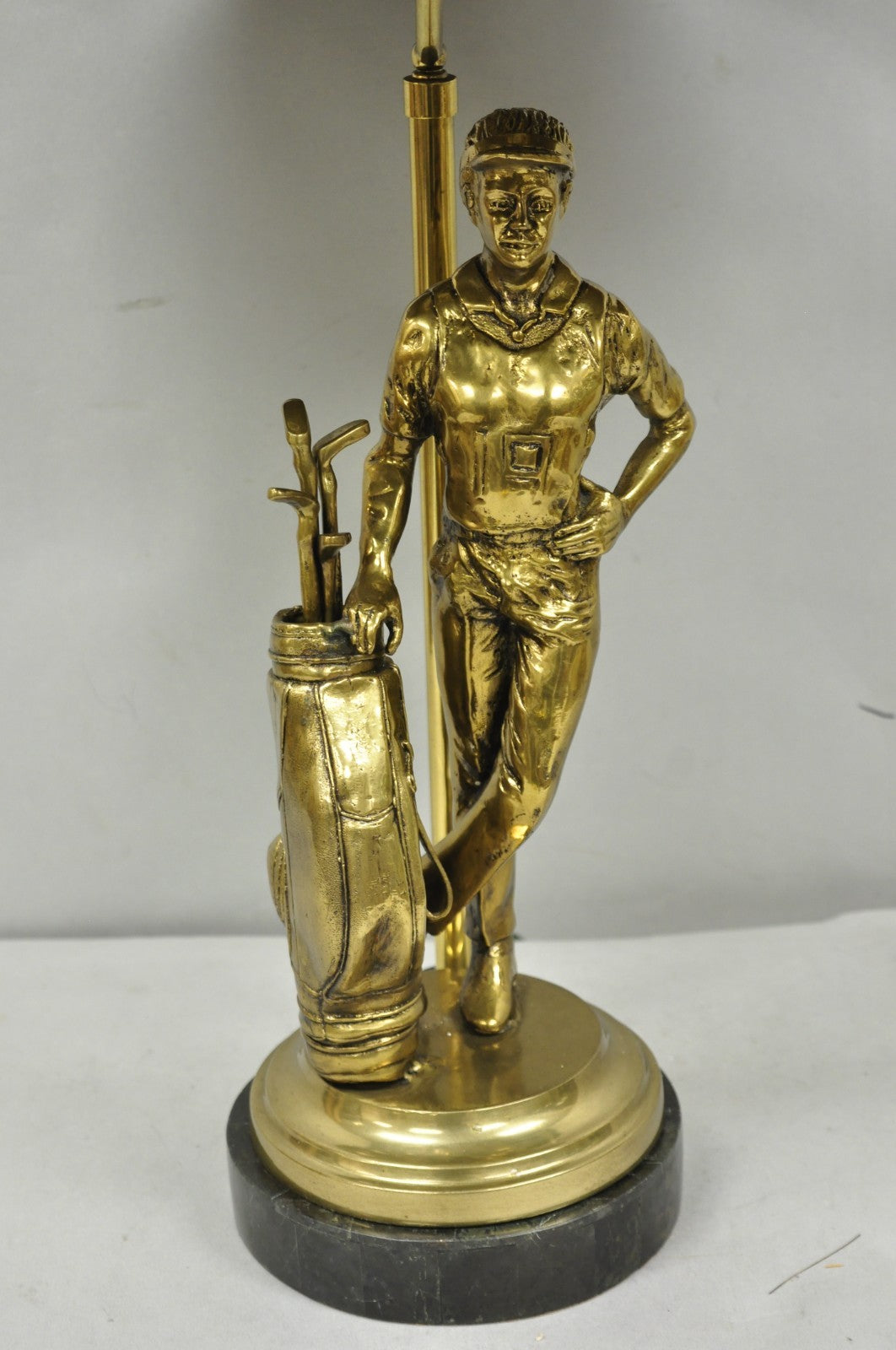 Vintage Maitland Smith Bronze Figure Golfer Sculpture Table Lamp w Leather Shade