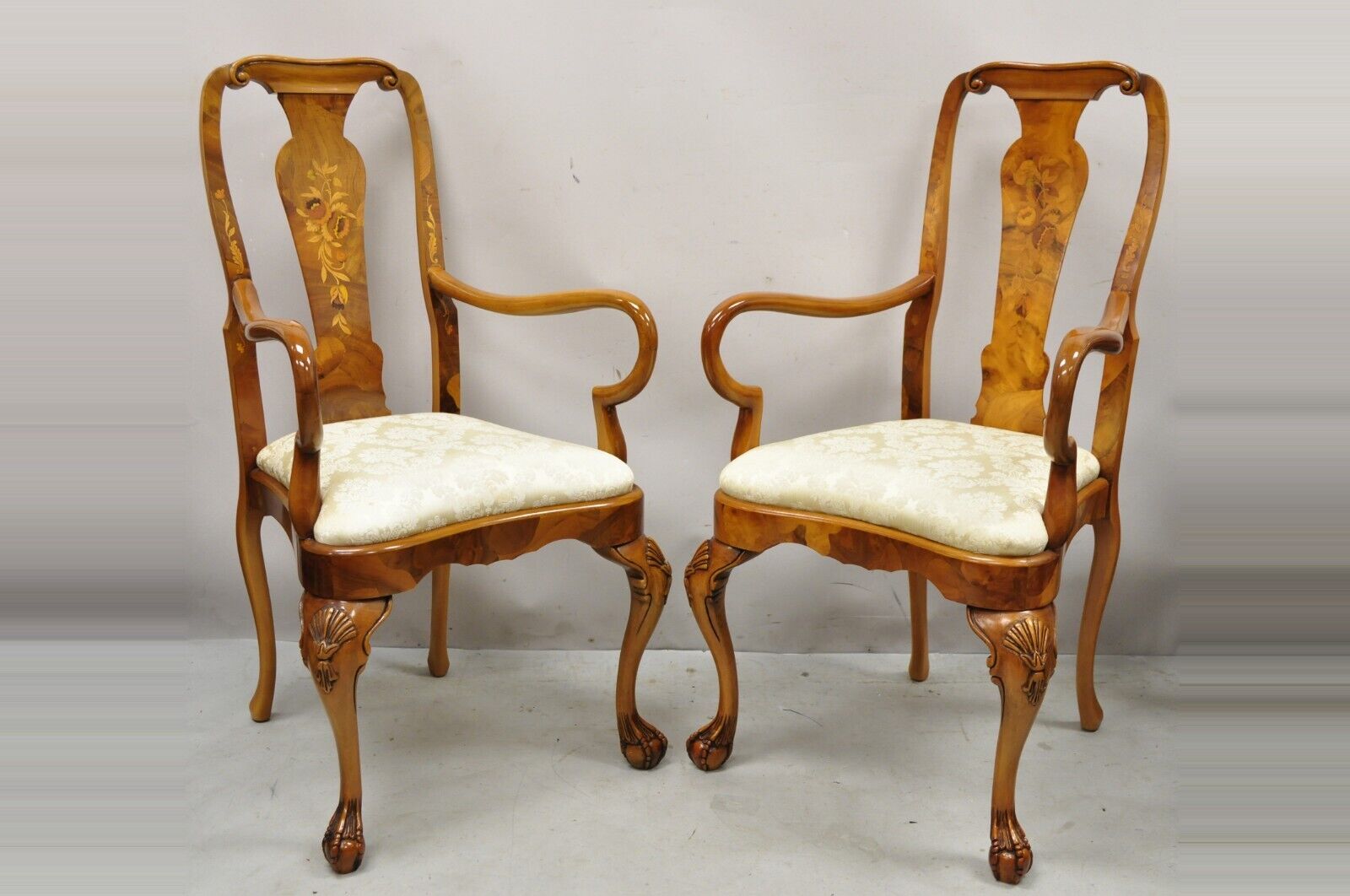 Vintage Queen Anne Style Italian Burl Patchwork Floral Inlay Arm Chairs - a Pair