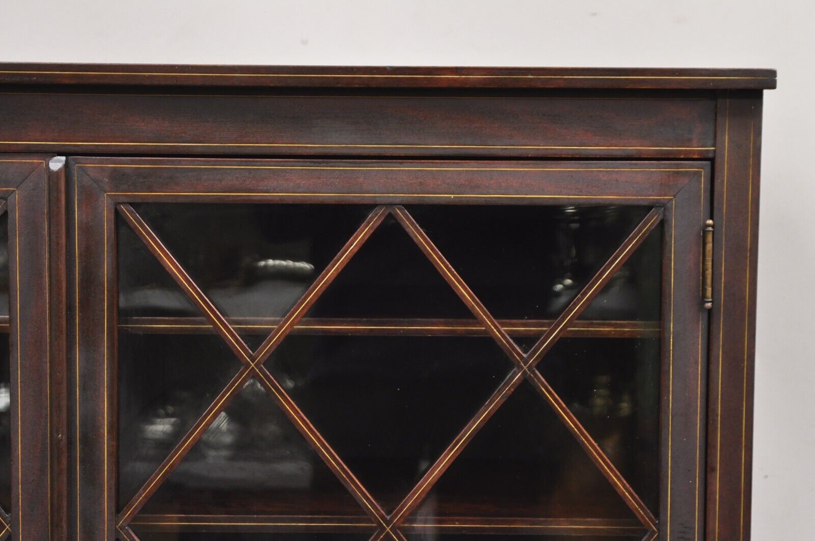 Antique Edwardian Mahogany Lattice Inlaid 2 Door 52" Closed Bookcase