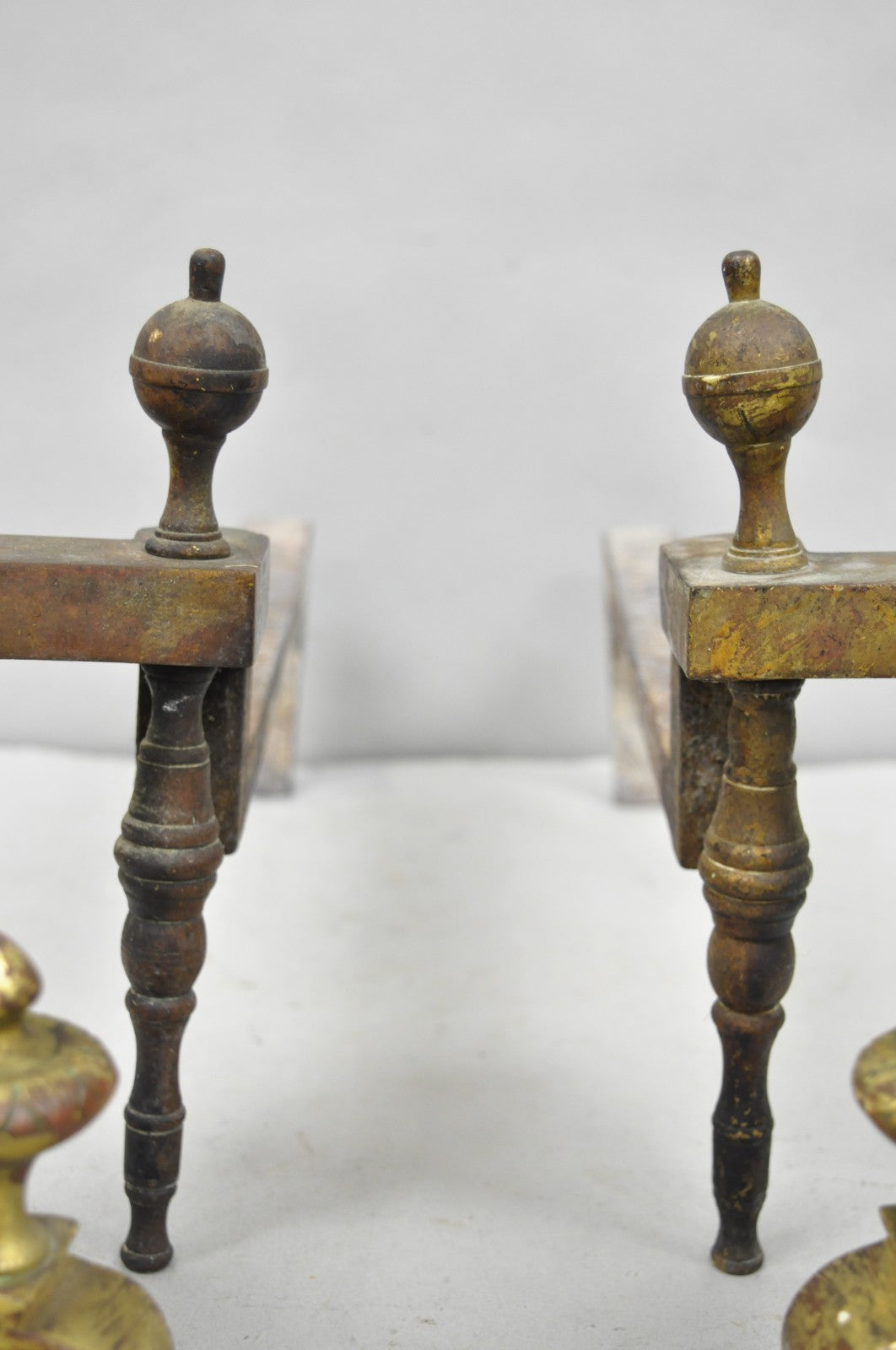 Antique French Baroque Louis XV Style Bronze Brass Andirons with Patina - a Pair