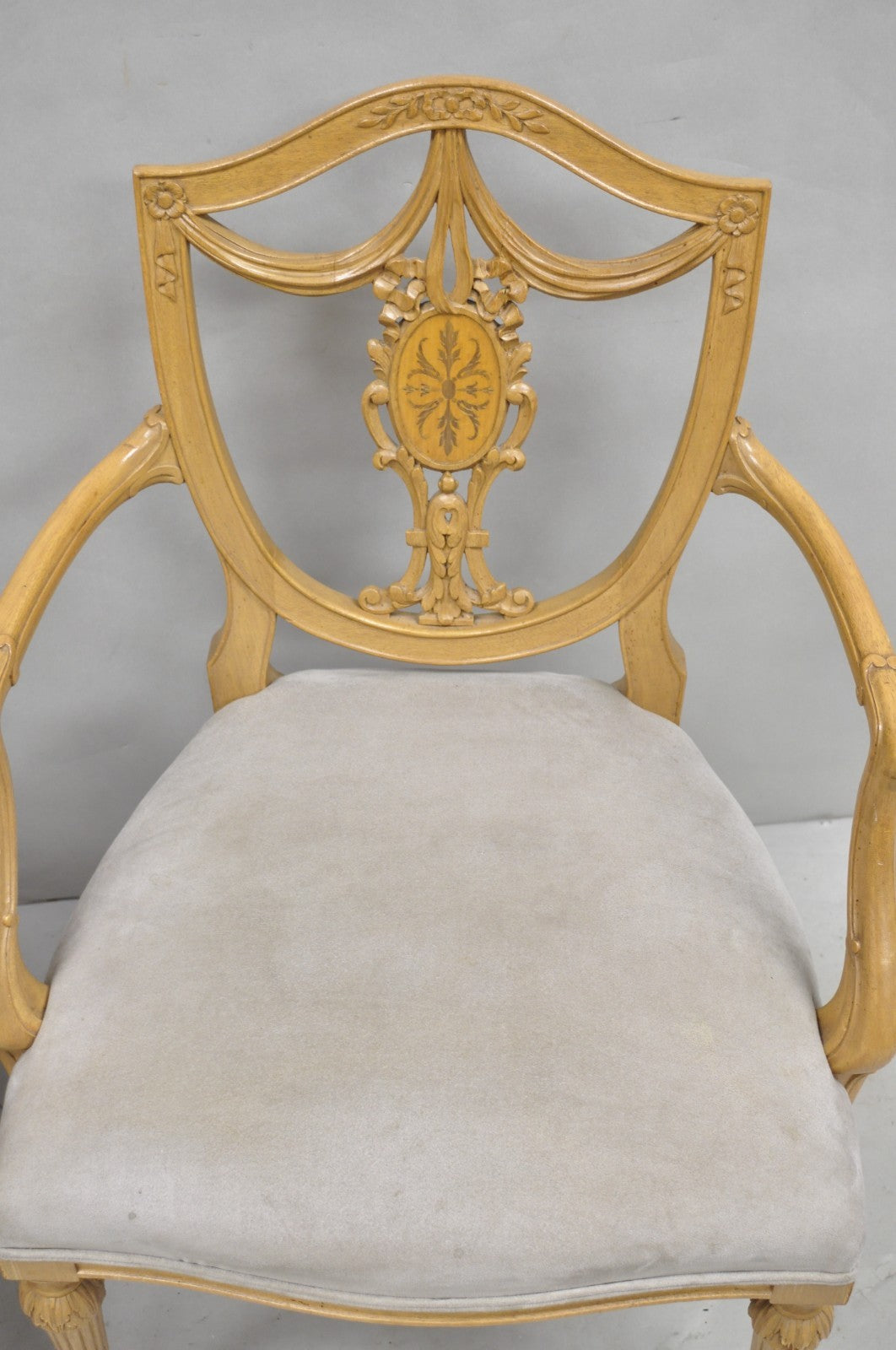 Hepplewhite Prince of Wales Drape Carved Shield Back Dining Arm Chairs - a Pair