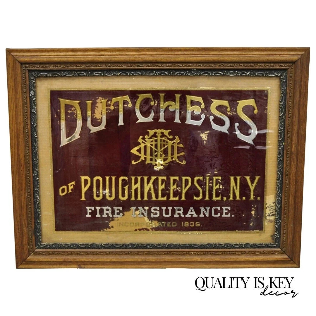 Antique Dutchess of Poughkeepsie NY Fire Insurance Reverse Painted Glass Sign