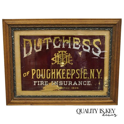 Antique Dutchess of Poughkeepsie NY Fire Insurance Reverse Painted Glass Sign