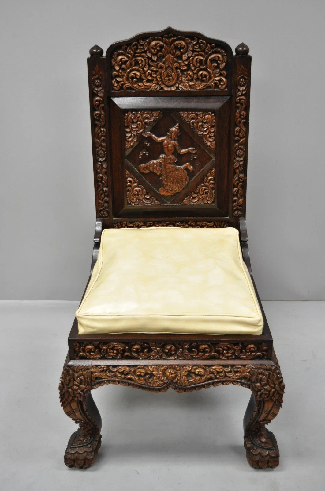 Vintage Chinoiserie Thai Oriental Carved Teak Wood Dining Side Chairs - a Pair