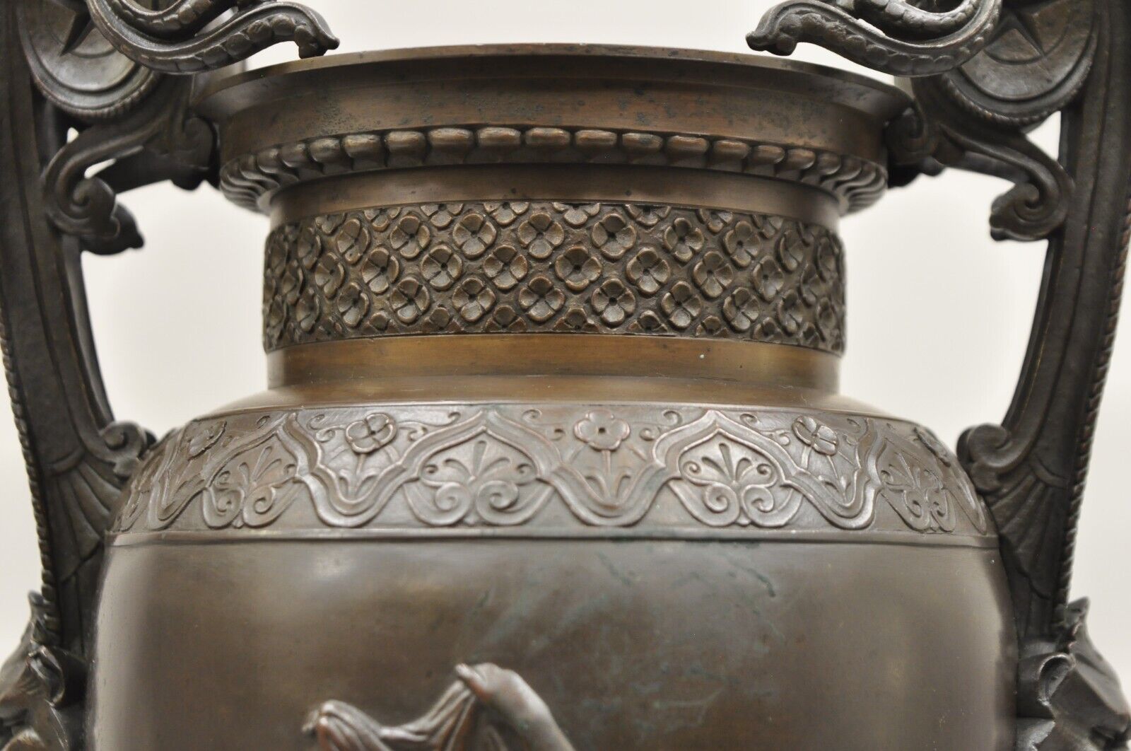 19th C Alfred Daubree French Neoclassical Bronze Figural Urn Vase with Lions