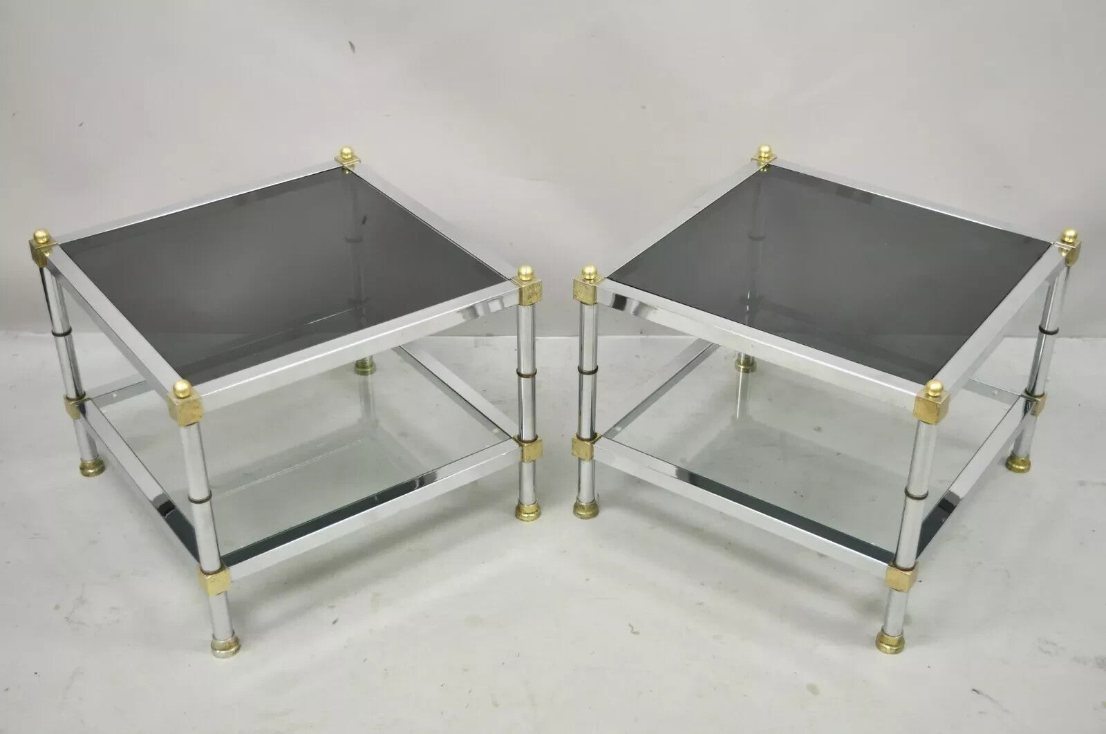 Hollywood Regency Maison Jansen Style Chrome & Brass Square End Tables - a Pair