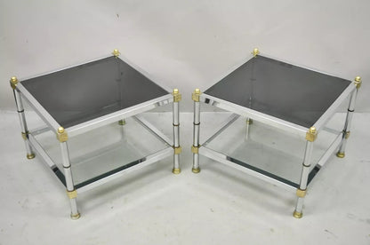 Hollywood Regency Maison Jansen Style Chrome & Brass Square End Tables - a Pair