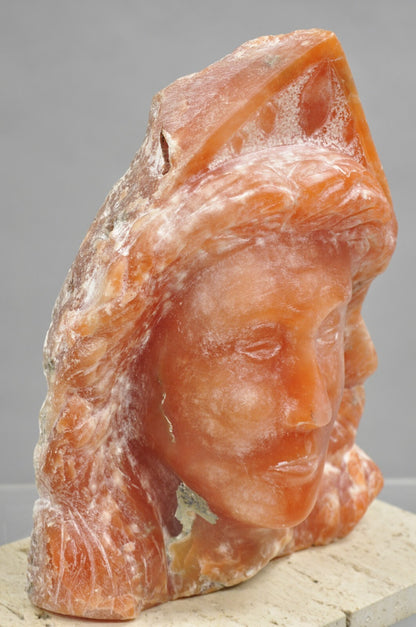 Orange Alabaster "Native American Woman" Bust Sculpture on Travertine Base