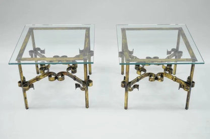 Vintage Spanish Hollywood Regency Gold Gilt Iron Square Glass End Tables - Pair