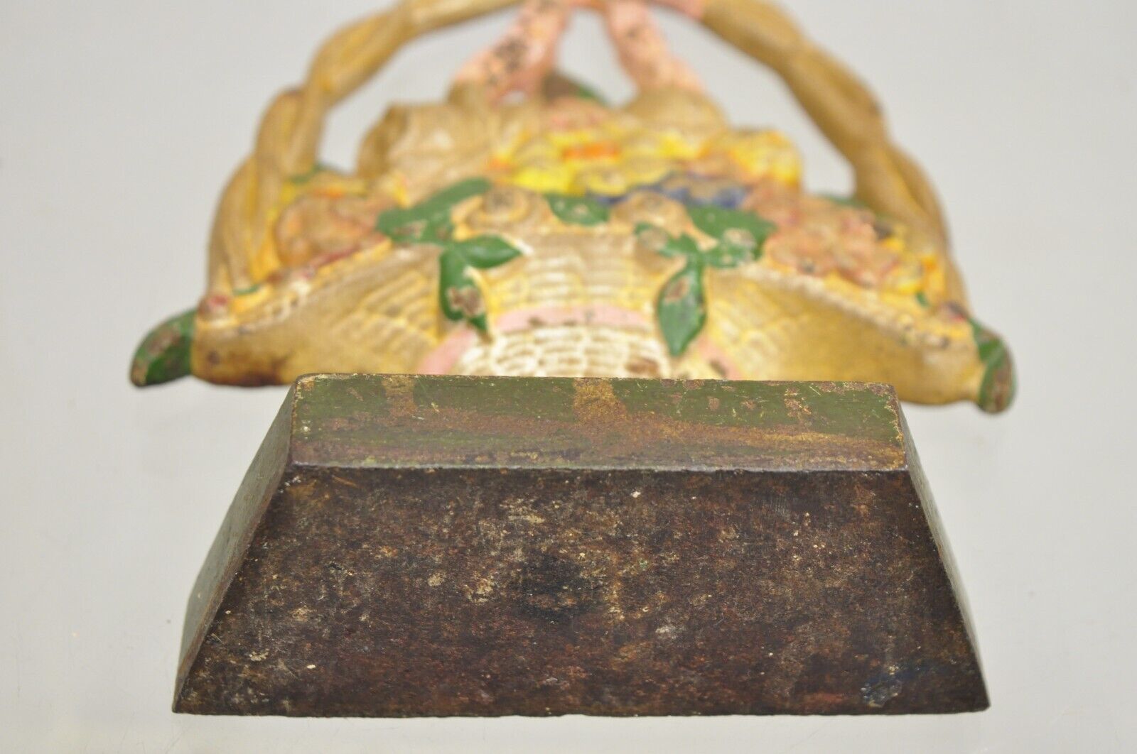 Antique Victorian Cast Iron Painted Floral Bouquet Pink Bow Basket Door Stop