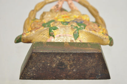 Antique Victorian Cast Iron Painted Floral Bouquet Pink Bow Basket Door Stop
