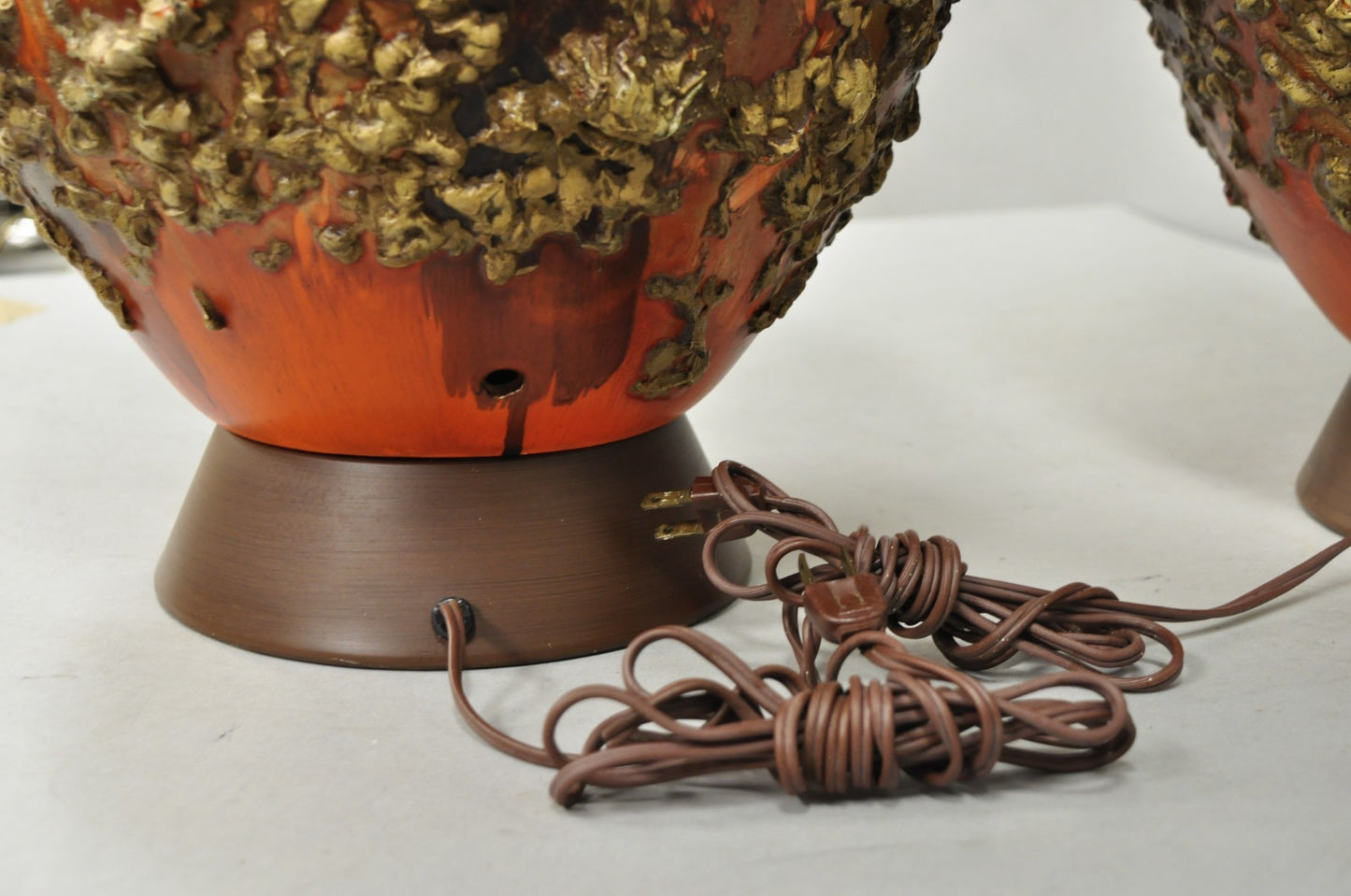 Vintage Mid Century Modern Orange Drip Lava Glaze Large Pottery Table Lamp Pair