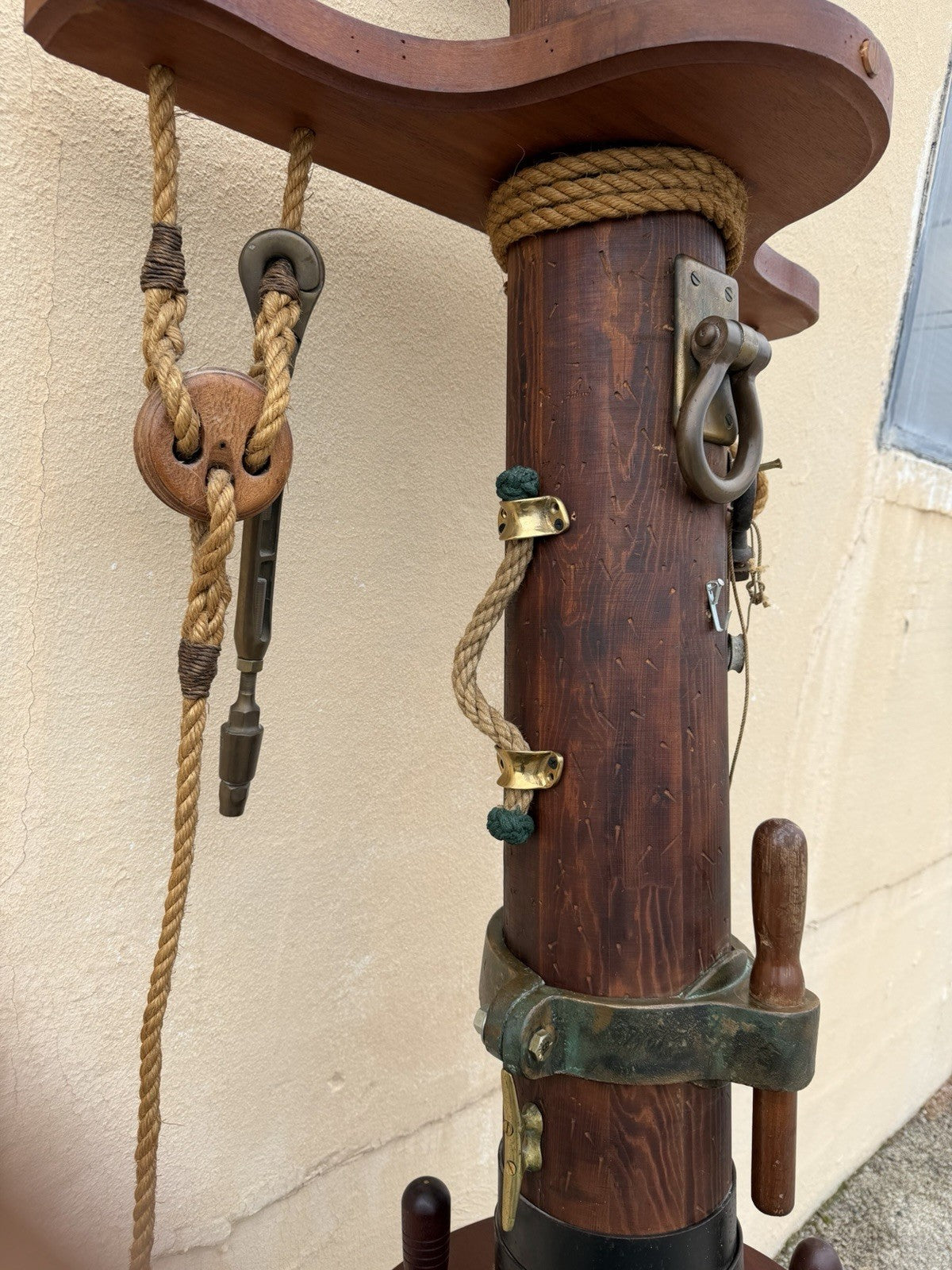 Vintage Custom Nautical Wood 95" Ship Mast Mancave Bar Island w Pulley & Ropes
