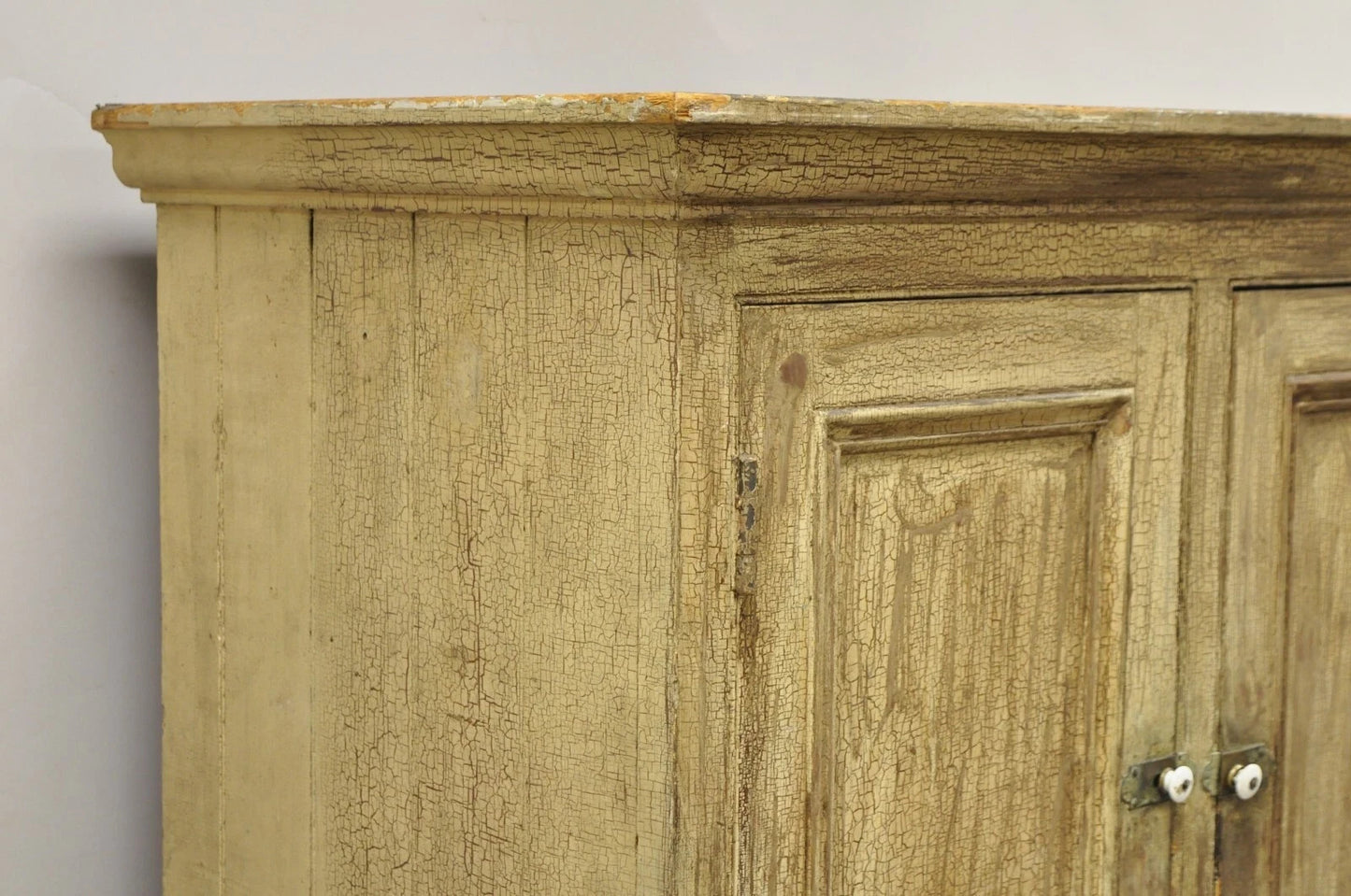 Antique French Country Farmhouse Beige Distressed Paint Kitchen Cupboard Cabinet