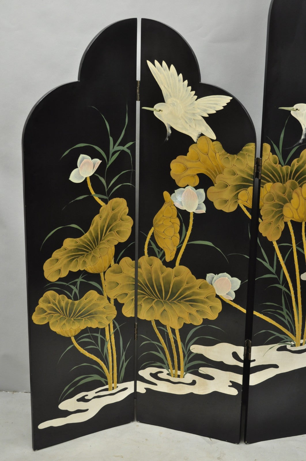 Decorator Chinoiserie Black Lacquer Oriental Painted 4 Panel Room Divider Screen