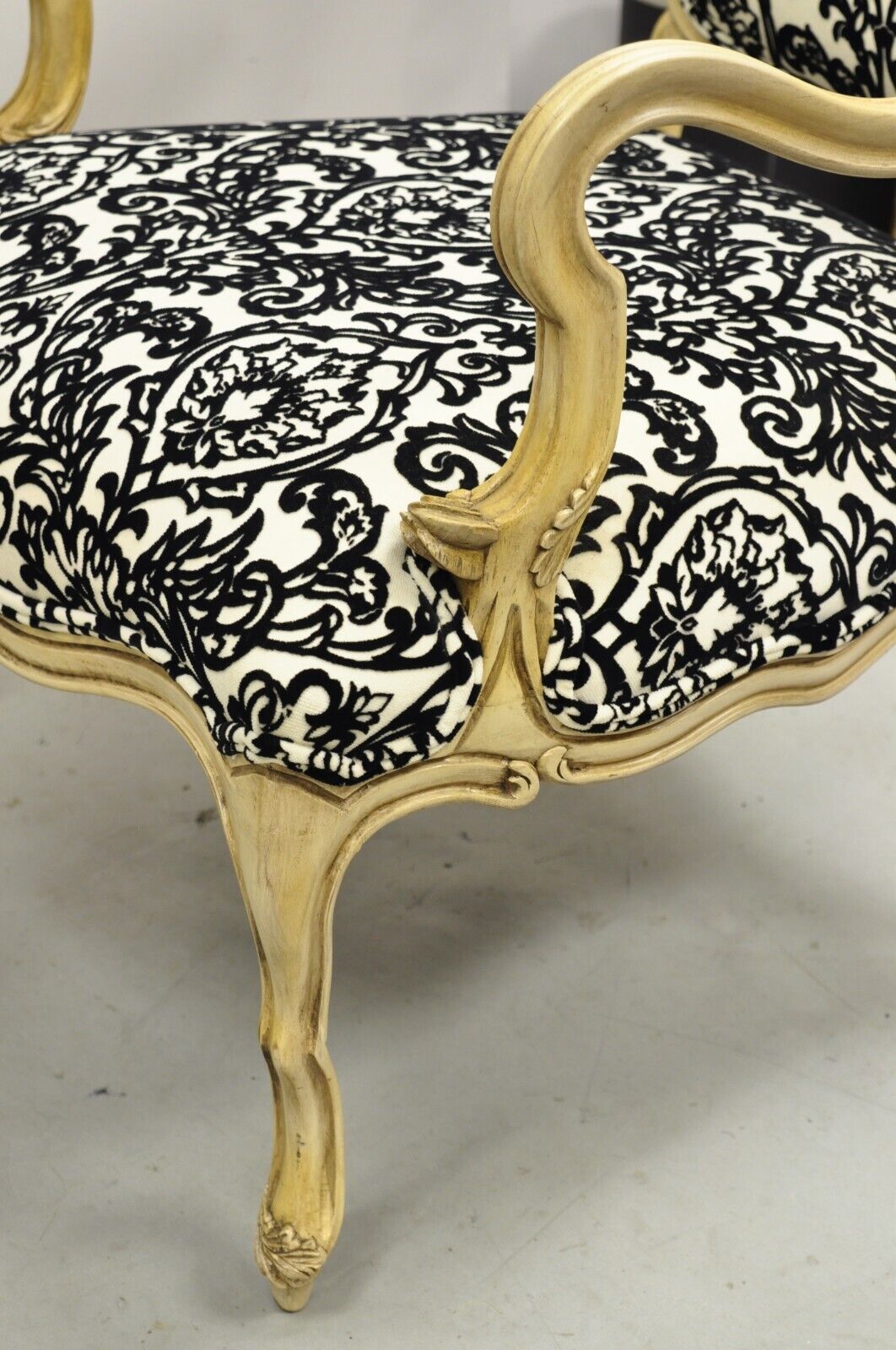 Hollywood Regency Carved Wood Low Cream Painted Damask Boudoir Chairs - a Pair