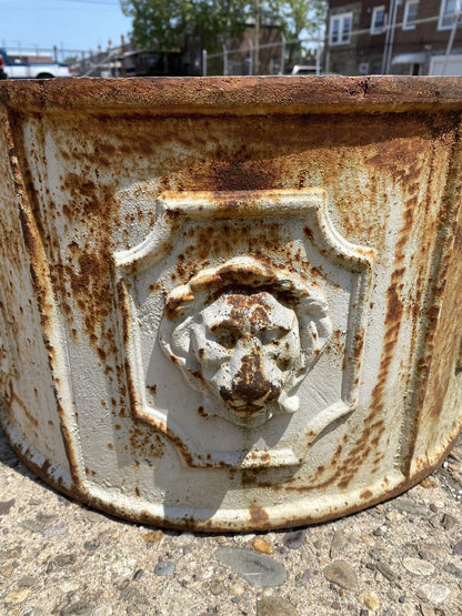 Vintage English Regency Cast Iron 20" Round Lion Heads White Garden Planter Pot