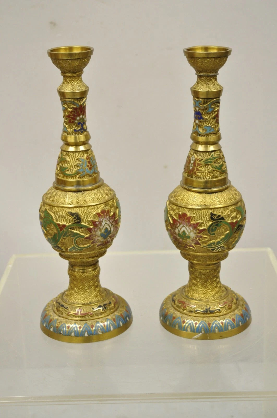 Vintage Japanese Cloisonne Enamel 13" Brass Bronze Candlestick Lamp Base - Pair