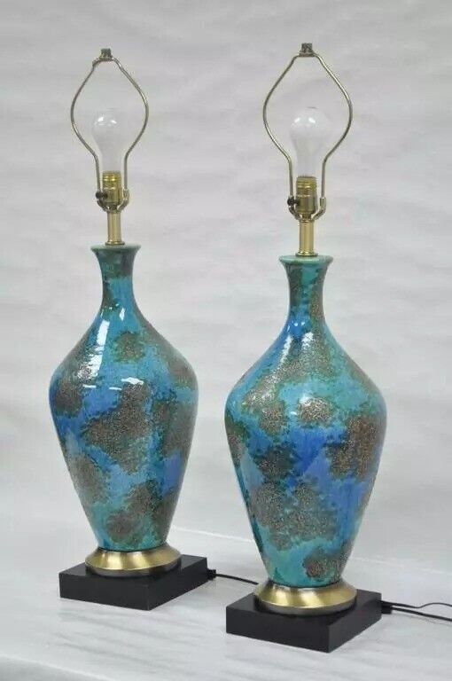 Mid Century Italian Modern Blue Glazed Ceramic Pottery "Earth" Table Lamp - Pair