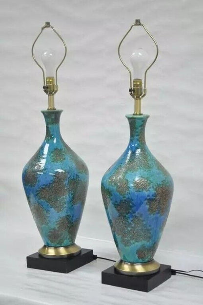 Mid Century Italian Modern Blue Glazed Ceramic Pottery "Earth" Table Lamp - Pair