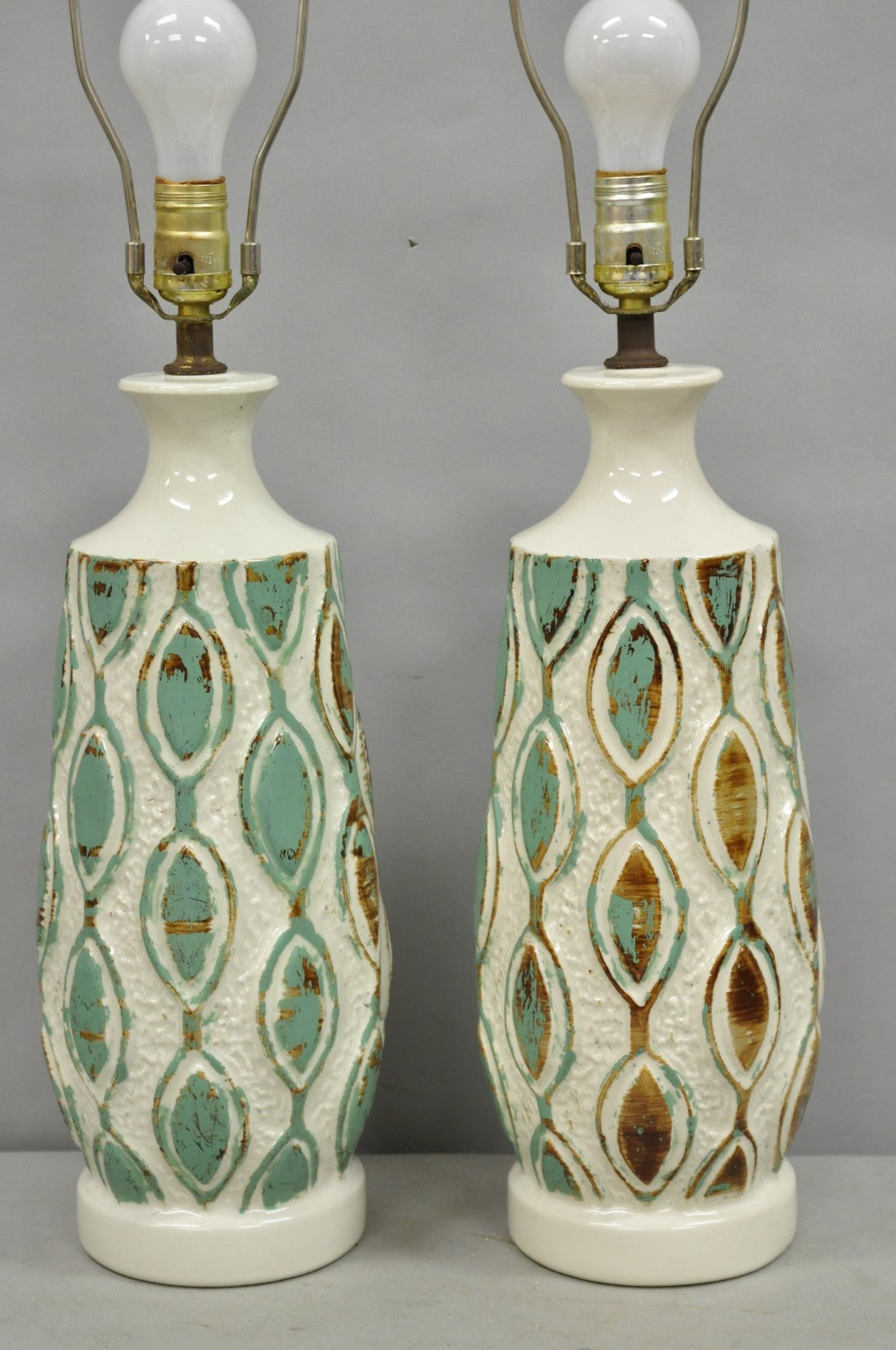Vintage Mid Century Modern Turquoise Blue White Ceramic Pottery Table Lamp Pair