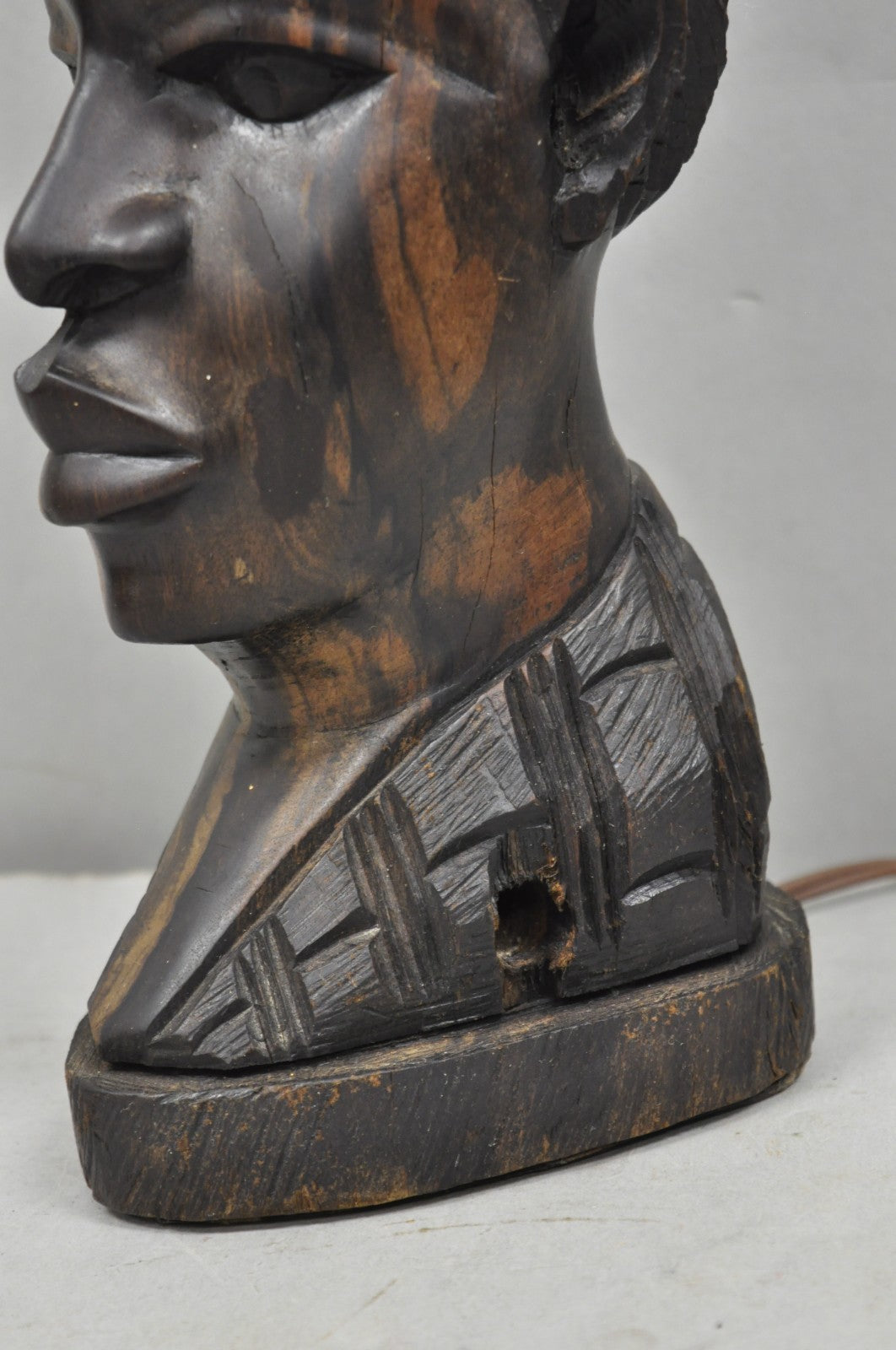 Vintage African Primitive Carved Ebony Wood Benin Bust Head Sculpture Table Lamp