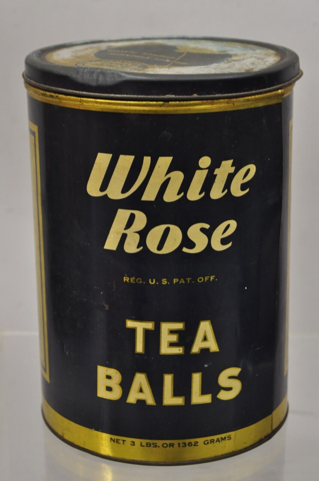 Vintage White Rose Tea Balls 3 lbs Tin Metal Container Can Advertisement