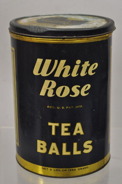 Vintage White Rose Tea Balls 3 lbs Tin Metal Container Can Advertisement