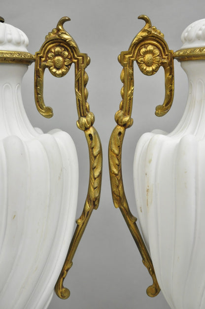 Antique French Louis XVI Style Gilt Bronze Porcelain Urn Table Lamps - a Pair