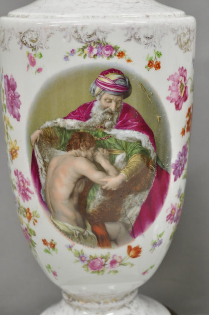 Antique French Renaissance Victorian Porcelain Urn Figural Cameo Table Lamp Pair