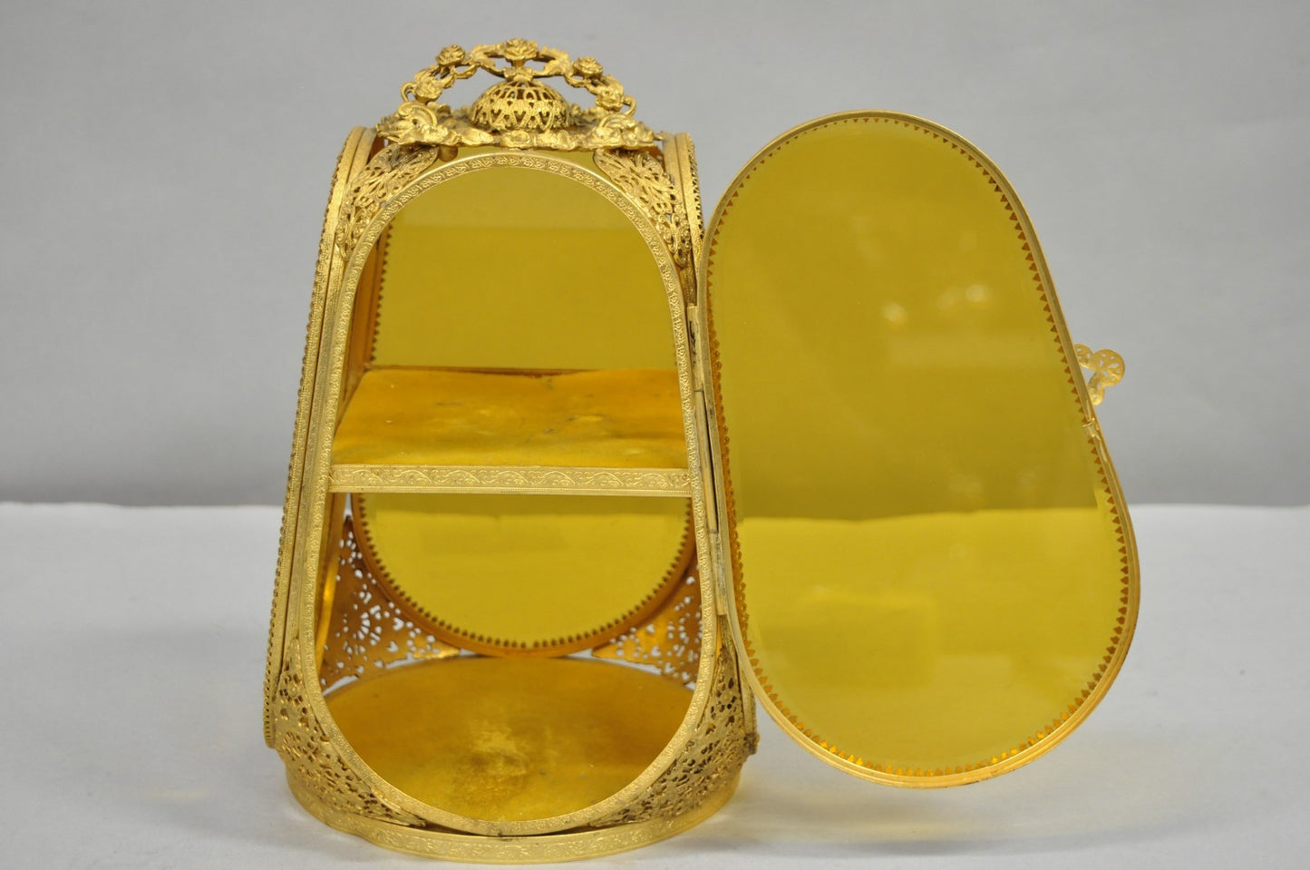 Vintage French Victorian Amber Glass Gold Filigree Vanity Jewelry Box Casket