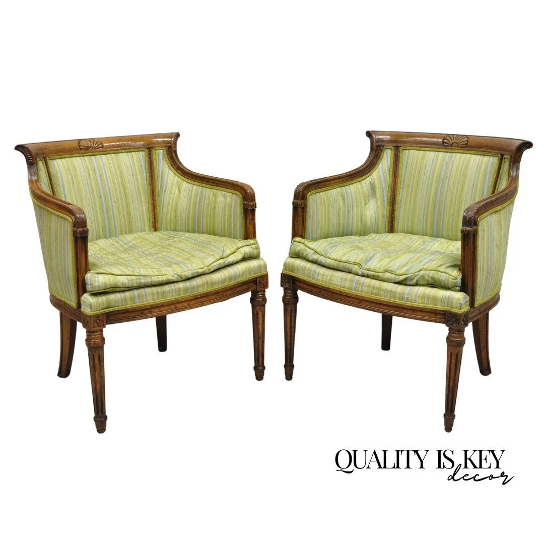 Antique Italian Regency Distress Carved Walnut Barrel Back Club Arm Chair, Pair