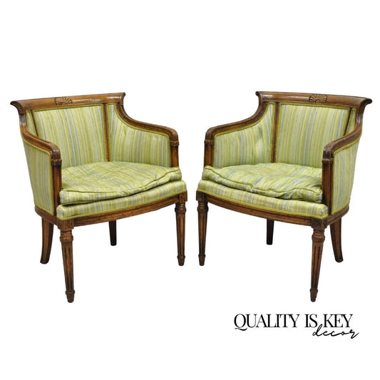 Antique Italian Regency Distress Carved Walnut Barrel Back Club Arm Chair, Pair